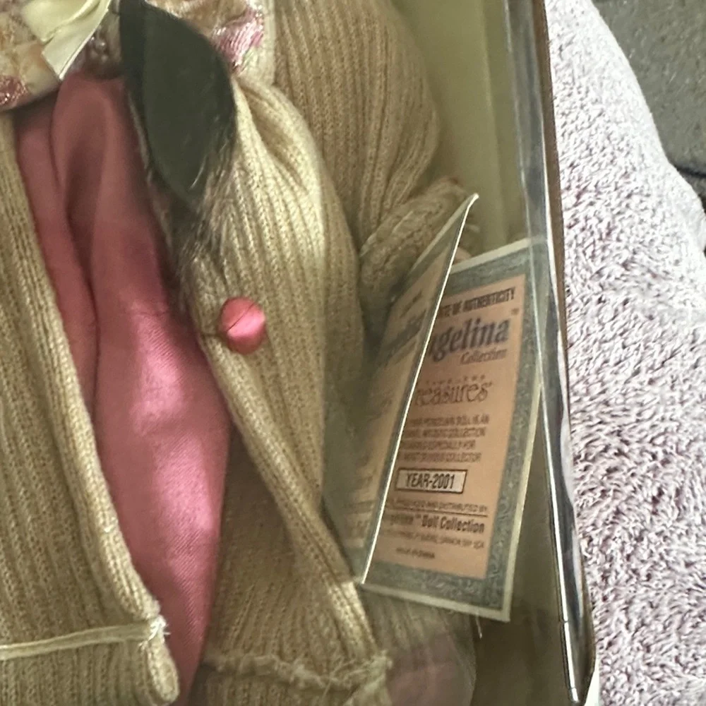 2001 Porcelain Doll with Pink Dress and Tan Coat